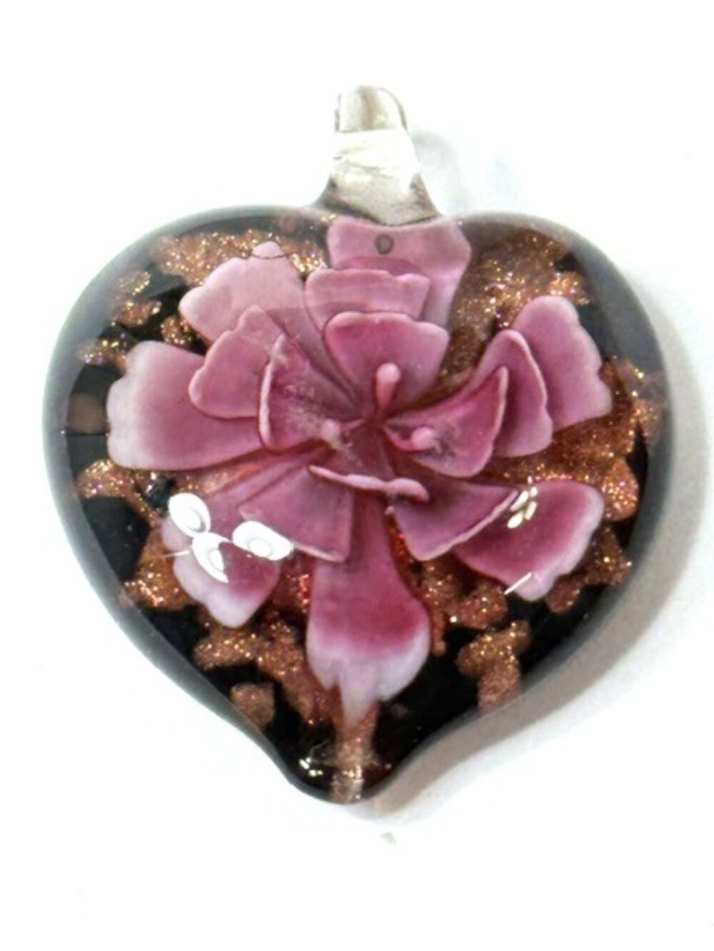 Venetian glass three-dimensional pink flower heart pendant.